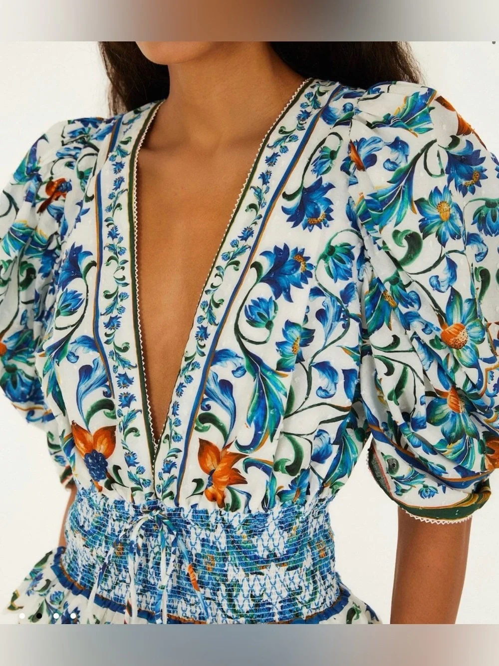 FARM Rio Blue & Orange Floral Smocked Waist V-Neck Puff Sleeve Top